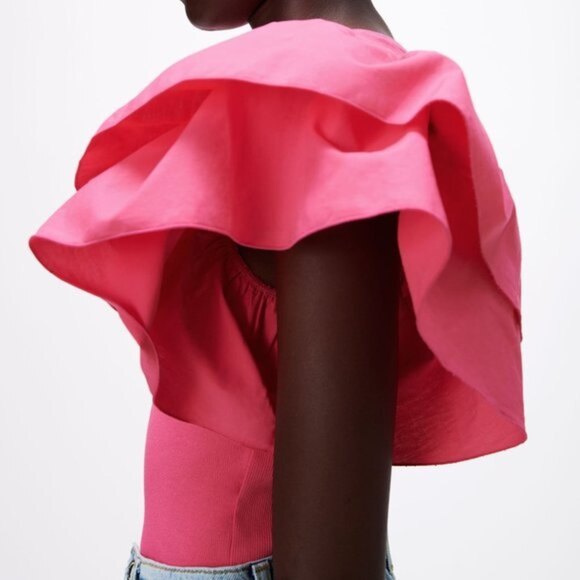 Pink ZARA Ruffle Sleeve Rib Knit Bodysuit Top (NWT) - Picture 4 of 8